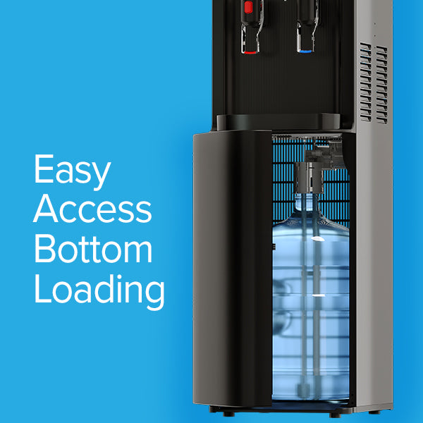 A black water dispenser with an open bottom compartment showing a large blue water jug; white text on the left reads Easy Access Bottom Loading on a blue background.